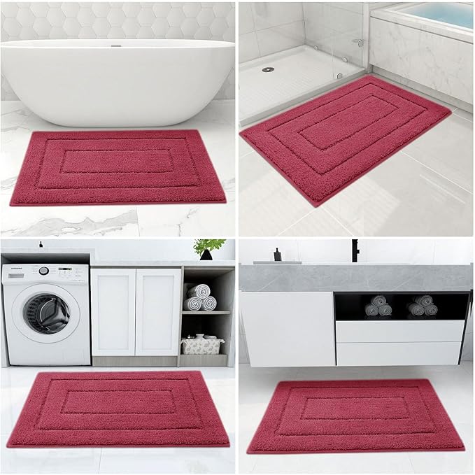 Buganda Bathroom Rugs, 47" x 24", Soft and Absorbent Microfiber Bath Rugs, Non-Slip Shaggy Shower Carpet, Machine Wash Dry Bath Mats for Bathroom Floor, Tub and Shower, Burgundy