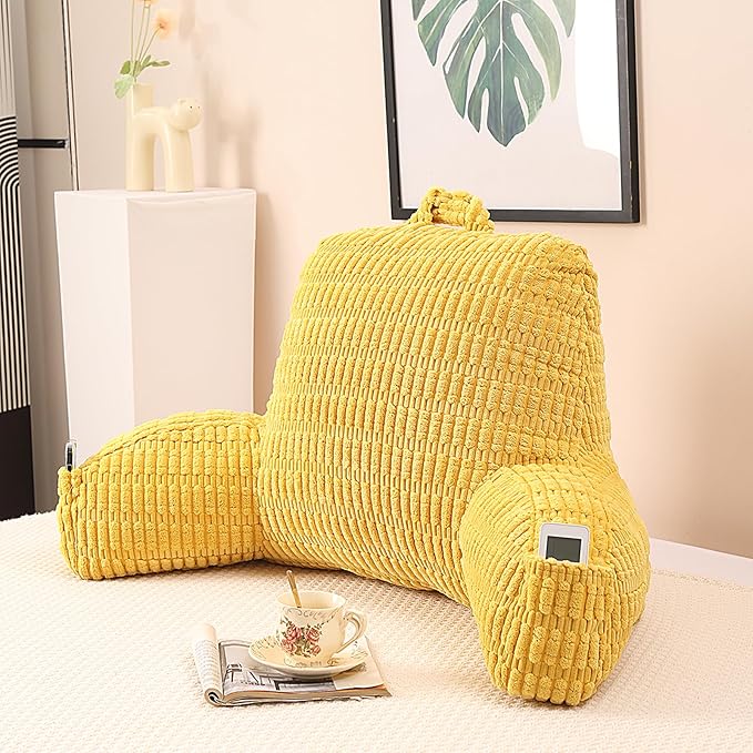 Reading Pillow for Sitting in Bed, Large Backrest Reading Pillow with Arm Rest,Back-Rest Support Cushion for Sit Up on Couch, Sofa, and Floor, Dorm Essentials (Yellow Corduroy, Standard(17"))