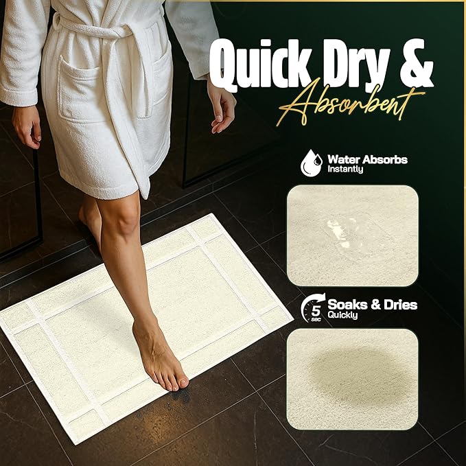 Pearl Linens Pack of 2 100% Cotton Bathmat 20x30 inches, Soft & Absorbent Quick Dry Bathroom Mat Set, Not Bathroom Rugs, After Shower Mat, Bath Tubmat, 687 GSM, Machine Washable, Ivory