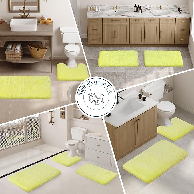 Walensee Bathroom Contour Rug (20x24, Yellow) Non Slip Bath Mat Water Absorbent Soft Microfiber Shaggy Bathroom Mat Machine Washable Bath Rug U Shape Toilet Rug