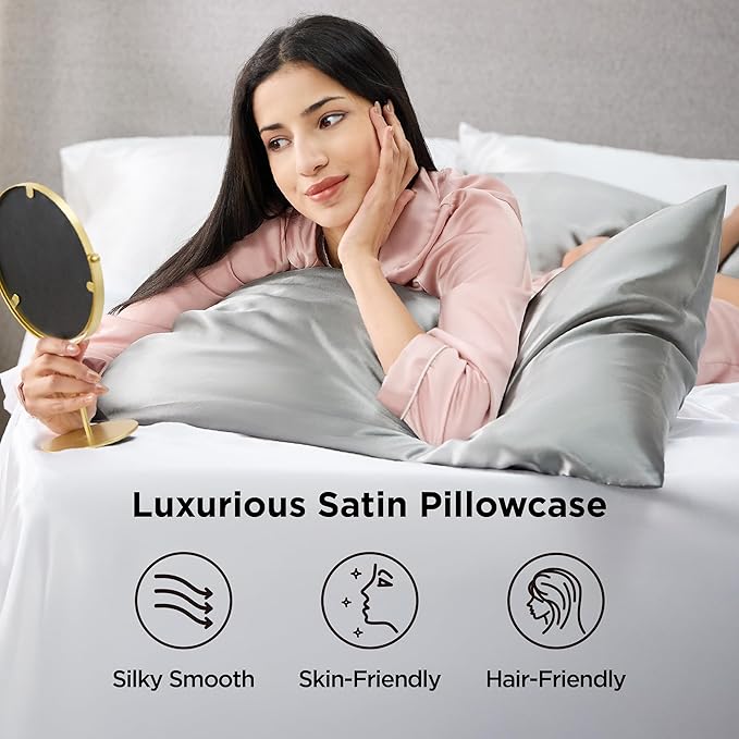 Bedsure King Size Satin Pillowcase Set of 4 - Silver Grey Pillow Covers for Hair and Skin 20x36 Inches with Envelope Closure, Similar to Silk Pillow Cases, Gifts for Women Men