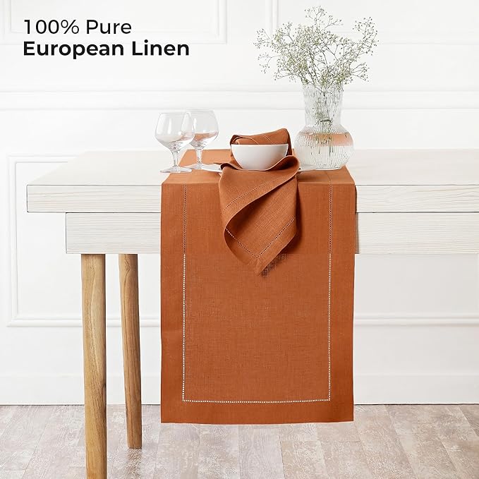D'Moksha Homes Linen Rust Table Runner 48 Inches - Classic Hemstitch, 100% Pure Linen Coffee Table Runner 14 x 48 Inch Ideal for Dresser Tables - Spring, Easter