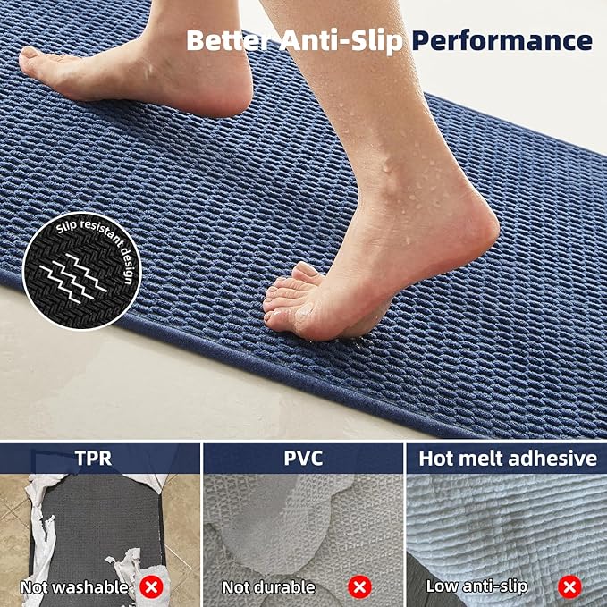Bathroom Runner Rug, Long Bath Mat Washable Thin Quick Dry Low Pile Bathroom Runner Rugs 24 x 60 Non Slip, Navy Blue 24"x60"