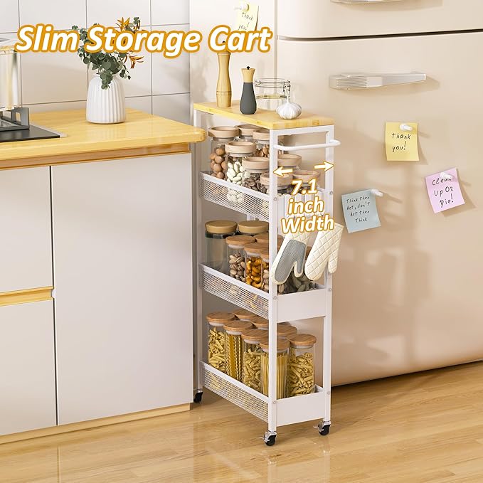 Slim Rolling Storage Cart, 4 Tier Metal Narrow Utility Cart with Handle and Wood Top, Multifunctional Small Mobile Shelf Unit Organizer Trolley for Laundry, Bathroom, Kitchen