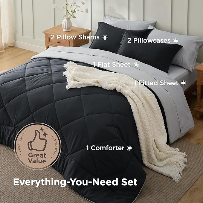 Bedsure Oversized Queen Comforter Set - 7 Pieces Reversible Black Bedding, Oversized Queen Size Bed Set for All Seasons, Bed in a Bag with Down Alternative Comforter, Sheets, Pillowcases & Shams
