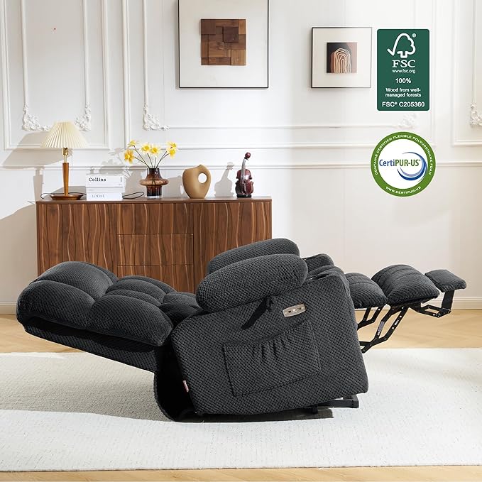MCombo Dual Motor Power Lift Recliner Chair with Massage and Heat for Elderly People, Infinite Position, USB Ports, Cup Holders, Fabric 7890 (Medium, Dark Gray)