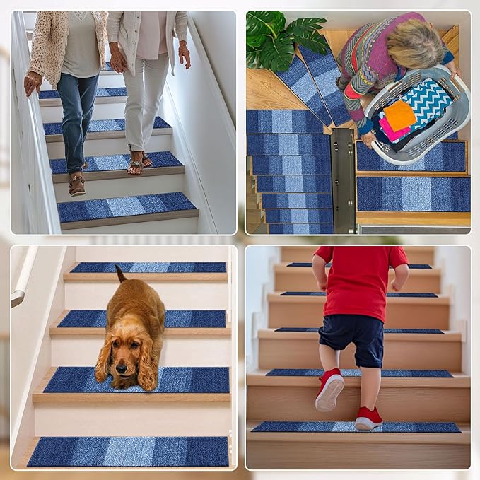 OLANLY Stair Treads Non Slip 15PCS, 8" x 30" Indoor Stair Runners for Wooden Steps, Edging Stair Rugs with Reusable Peel and Stick Adhesive for Kids Elders and Pets, Navy
