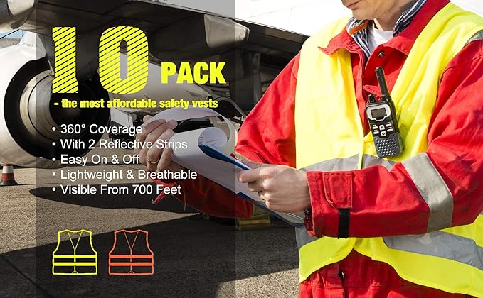 DUSKCOVE 10 Pack High Visibility Safety Vest for Traffic Work, Running, Surveyor and Security Guard - Construction Vest with 2 Reflective Strips, Made from Breathable and Neon Yellow Mesh Fabric