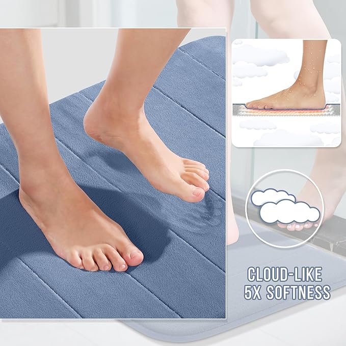 Yimobra 3 Pieces Memory Foam Bath Mat Set with U-Shaped Toilet Rug - Non Slip Super Soft Absorbent Quick Dry Bathroom Rugs for Bathtub, Vanity & Toilet Base, Denim Blue