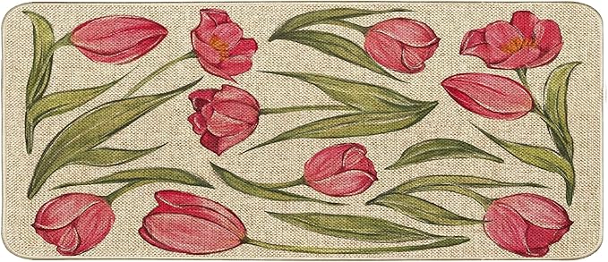 Welcome Spring Door Mat Tulip Flowers Floral Doormat Indoor Outdoor Entrance Outdoor Rug Low-Profile Floor Rug Non Slip Spring Summer Decor Rubber Mats for Home Decoration 17x36Inch