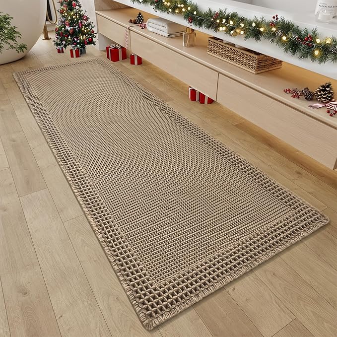 RESARE Waffle Bathroom Runner Rugs, Super Absorbent Bath Mat Non Slip Washable Quick Dry, Upgraded Ultra Soft Boho Bath Rugs with Tassels for Hallway Bedroom Laundry Room, 2'x5'(24"x60"), Brown