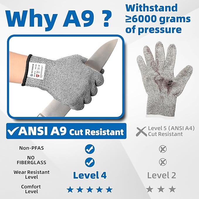 Schwer SlicePro ANSI A9 Cut Resistant Gloves, Food Grade Reliable Cutting Glove, Mandoline Gloves for Kitchen Meat Cutting, Oyster Shucking, Fish Fillet Processing, Non-PFAS, PR1501-G, XL