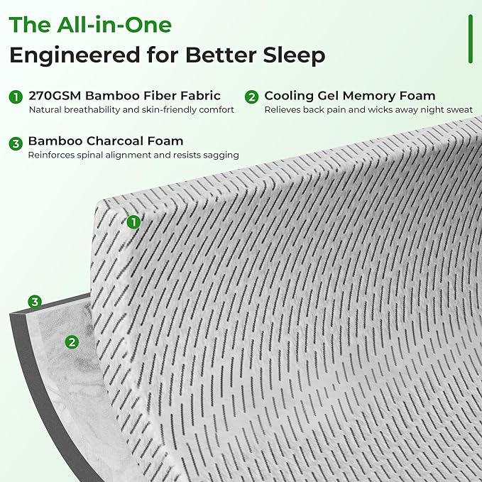 Bamboo Mattress Topper Twin XL Size 4 Inch, Cooling Gel & Bamboo Charcoal Memory Foam Mattress Topper for Back Pain Relief, Firm Dual-Layer Foam Bed Pad with Removable Cover College Dorm
