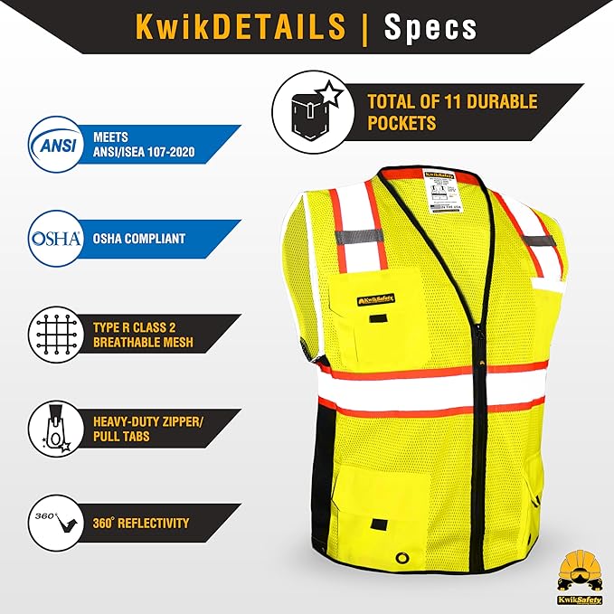 KwikSafety - Charlotte, NC - BIG KAHUNA Safety Vest [11 Pockets] Class 2 ANSI OSHA Reflective Vest Durable High Visibility Vest Construction Safety Vest for Men Industrial Work Gear/Yellow Small