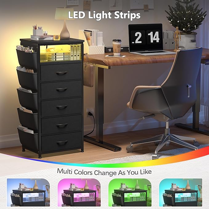 EnHomee Tall Night Stand with 5 Drawers, LED Nightstand with Ports & Outlets, Bedside Table with Extra Side Bag & Storage Shelf & Hooks, Bedroom, Dorm, Closet