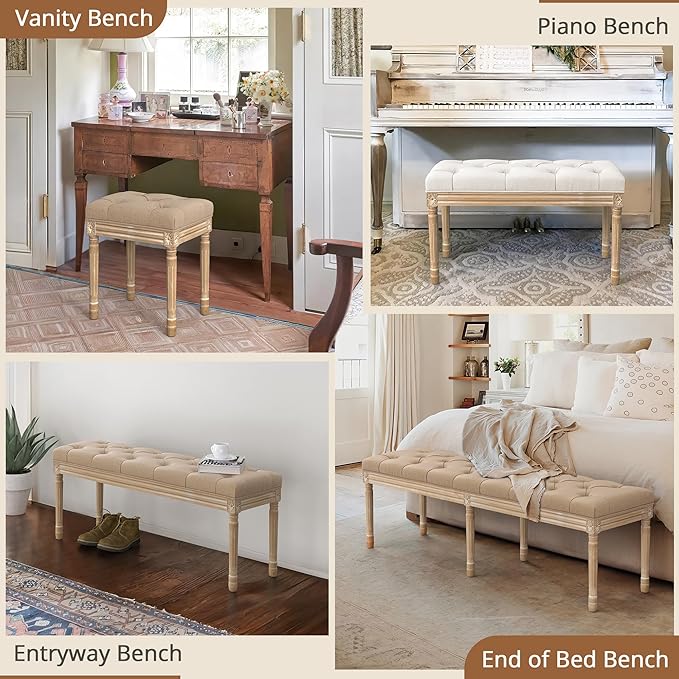 LUE BONA 60" Fabric End of Bed Bench, Upholstered Tufted French Bedroom Bench with Carved Legs for Bedroom End of King Size Bed, Living Room, Wheat