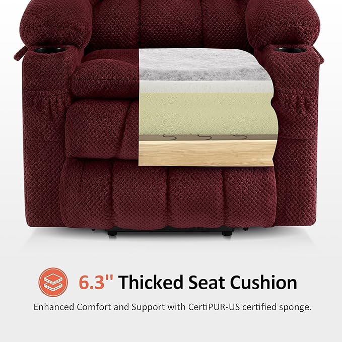 MCombo Dual Motor Power Lift Recliner Chair with Massage and Heat for Elderly People, Infinite Position, USB Ports, Cup Holders, Fabric 7890 (Medium, Burgundy)
