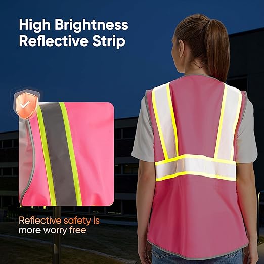 Hi Vis Safety Vest for Women, Working Drawstring waist Construction Vest with Pockets and Zipper, Womens Safety Vest, ANSI Type R Class2, Pink Yellow Strips, XL