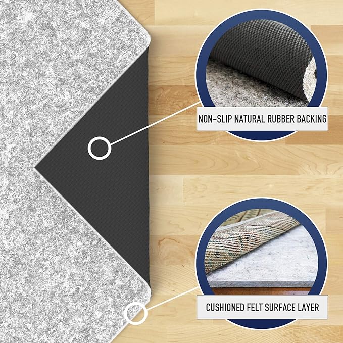 RUGPADUSA - Dual Surface - 4' Square - 1/4" Thick - Felt + Rubber - Non-Slip Backing Rug Pad - Safe for All Floors