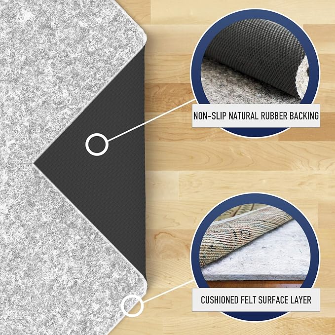 RUGPADUSA, Basics, 8' Round, 1/4" Thick, Felt + Rubber, Non-Slip Cushion Rug Pad, Also available with Cushion Only Option, Safe for All Floors and Finishes, Made In the USA