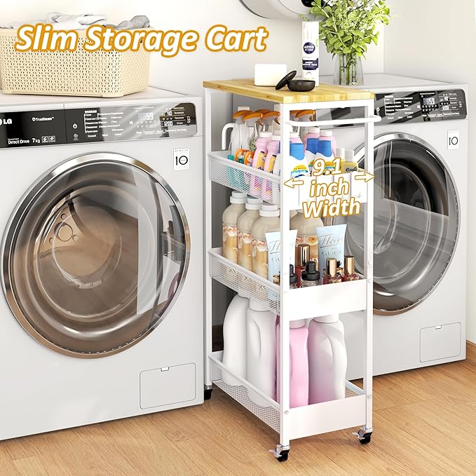 Slim Rolling Storage Cart, 4 Tier Metal Narrow Utility Cart with Handle and Wood Top, Multifunctional Small Mobile Shelf Unit Organizer Trolley for Laundry, Bathroom, Kitchen