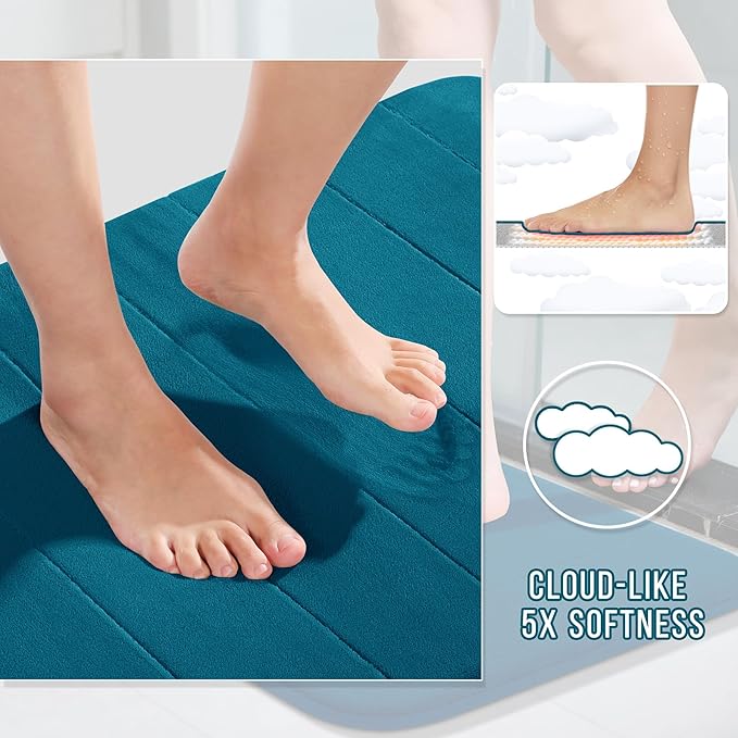 Yimobra U-Shaped Toilet Bath Mat Set 2 Piece - Soft Absorbent Quick Dry Memory Foam Bathroom Rugs, Machine Washable Non Slip Floor Carpet for Tub Shower & Single Sink (17x24 & 24x20, Peacock Blue)