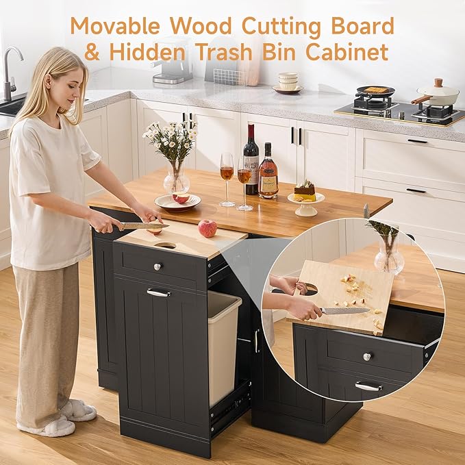 ONBRILL 61" Kitchen Islands with Movable Wood Cutting Board & Trash Storage Cabinets, Rolling Island Cart with Drop Leaf & Power Outlet, Dining Table with Spice & Towel Rack & Knife Holder, Black
