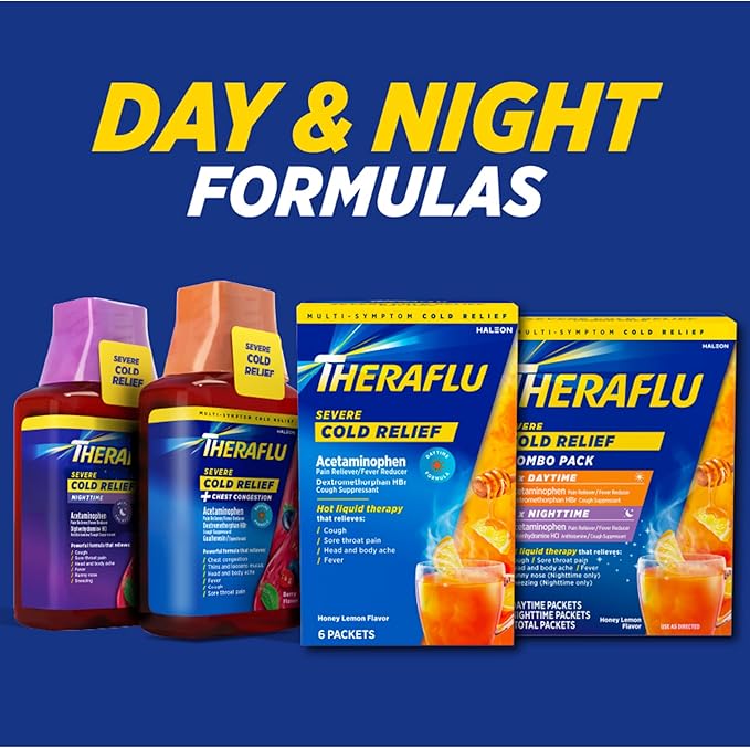 Theraflu Combo Daytime and Nighttime Severe Cold Relief Honey Lemon Flavor Powder and Daytime Severe Cold Relief Berry Burst Flavor Powder, 6 Day + 6 Nighttime, and 6 Berry Burst Packets