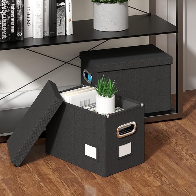 Hanging File Box with Lid, Set of 2 Filing Organizer Storage Box, Linen Collapsible Decorative Office/Home File Cabinet (14x9.3x10.9 inch) (Black)