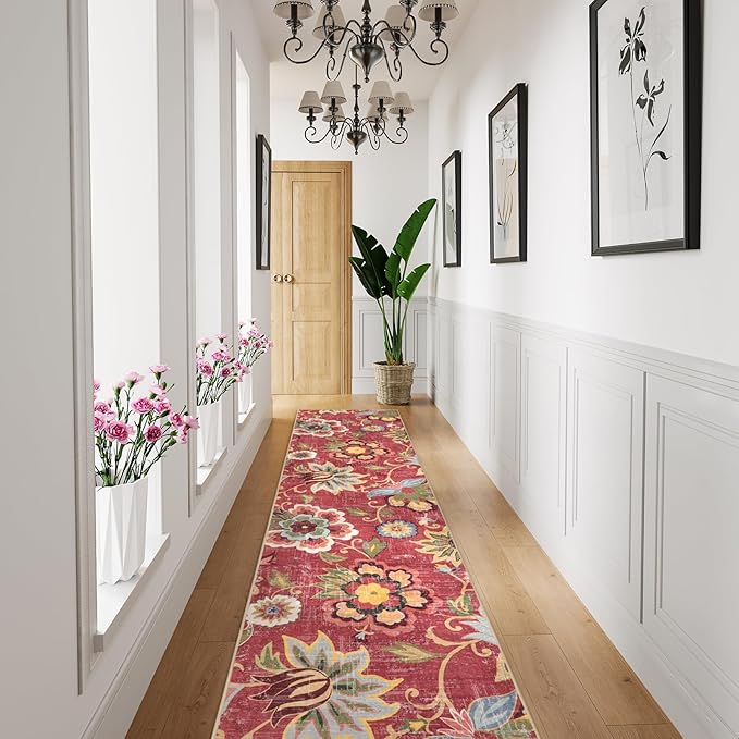 Beeiva Floral Runner Rug Non Slip, Vintage Red 2.5x12 Rug Runner for Hallways Non-Slip, Printed Distressed Ultra Thin Foldable Washable Runner Rug for Bedroom Bathroom Christmas
