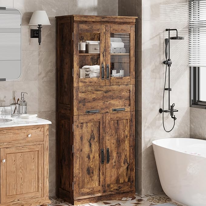GarveeHome 67" Tall Bathroom Cabinet with 4 Doors & Flip Glass Drawer, Storage Cabinet with Adjustable Shelves, Freestanding Organizer for Kitchen, Living Room (Rustic Brown)