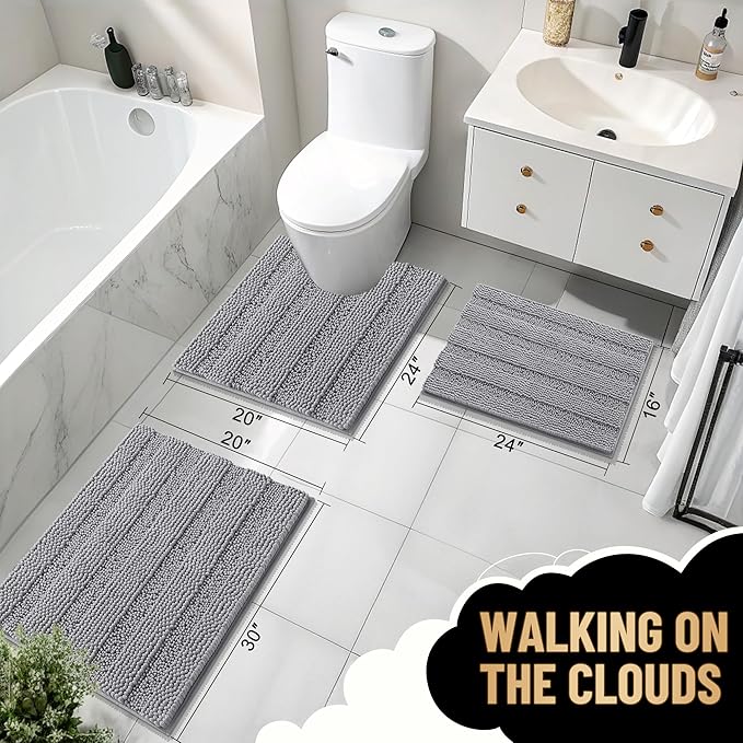 OLANLY Thick Bathroom Rugs 47x17, Extra Soft Absorbent Chenille Striped Bath Rugs, Rubber Backing, Machine Wash Dry, Bath Mats for Bathroom Floor, Tub and Shower, Home Decor Accessories, Grey