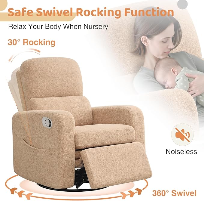 Swivel Rocker Recliner, Oversized Manual Boucle Nursery Glider Rocking Recliner Chair with Removable Cushion, Upholstered Swivel Reclining Chair for Nursery Living Room Bedroom,Teddy Camel