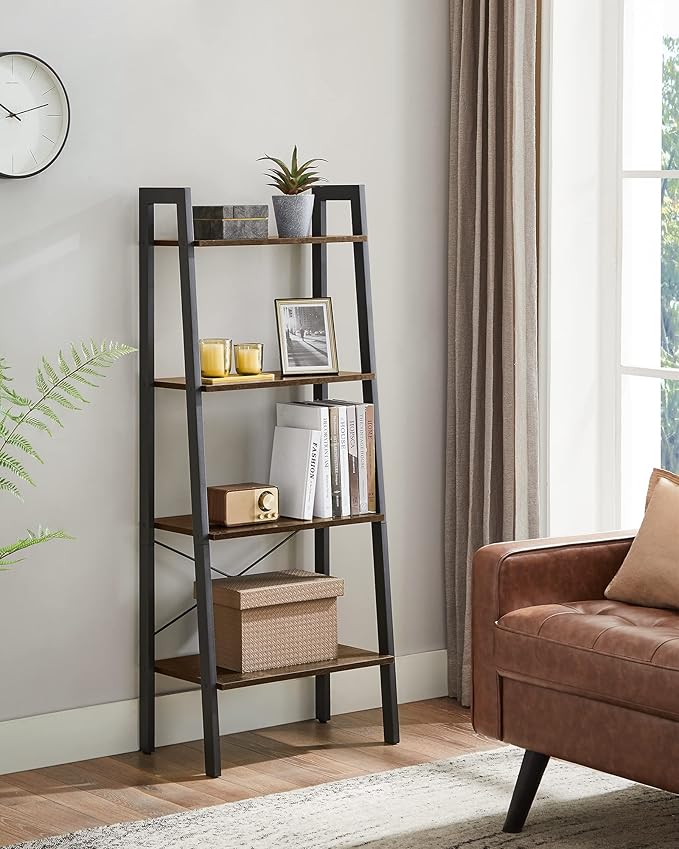 VASAGLE Ladder Shelf, 4-Tier Bookshelf, Storage Rack, Bookcase with Steel Frame, for Living Room, Home Office, Kitchen, Bedroom, Industrial Style, Hickory Brown and Ink Black ULLS44BF