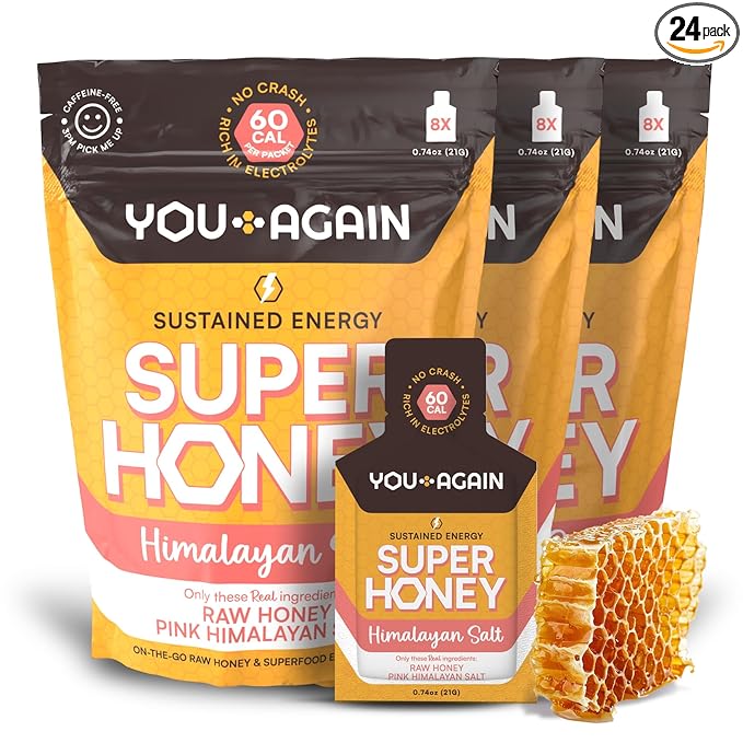 You Again Super Honey Clean Energy Gel, Honey & Himalayan Salt | Electrolyte Replenishment Running Fuel | Endurance Workouts & Cycling Gel | Paleo & Carnivore Snack | Gluten-Free | USA Made | 24-Pack