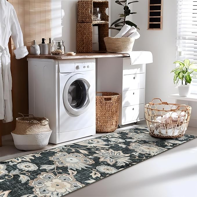 Beeiva Floral Hallway Rug Ruuner, Vintage Black 2.5x12 Kitchen Rugs Non Slip Washable Ultra Thin, No Shedding Printed Distressed Long Kitchen Runner Rug for Bedroom Bathroom