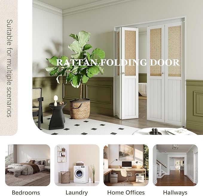 BARNER HOME Bi-fold Doors - Cane Closet Door for 24“ x 80” Opening, Webbing & Wood Interior Door Slab, Including Hardware, MDF, White Folding Doors for Wardrobe