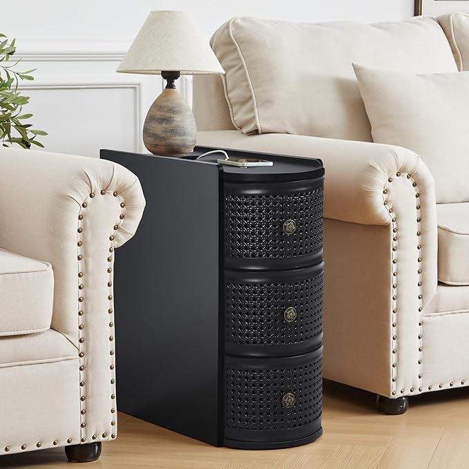 Metal Rattan Narrow End Table with Charging Station, Black Side Table with Drawers Storage, Small Night Stand with Power Outlets and USB Ports, Sofa Side Table for Living Room - Black