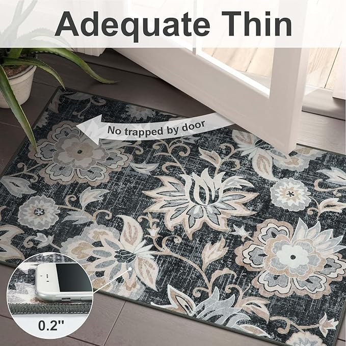 Beeiva Floral Hallway Rug Ruuner, Vintage Black 2.5x12 Kitchen Rugs Non Slip Washable Ultra Thin, No Shedding Printed Distressed Long Kitchen Runner Rug for Bedroom Bathroom
