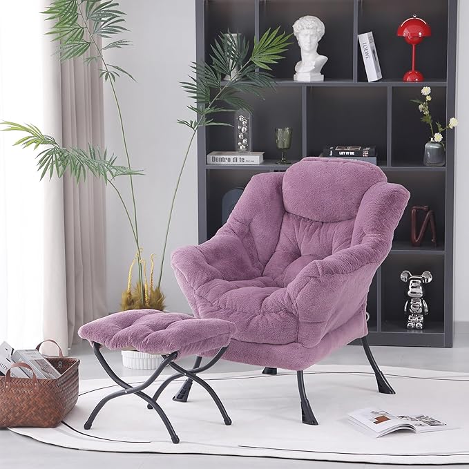 Lazy Chair with Ottoman, Modern Accent Lounge Armchair with Side Pocket & Foldable Footstool, Leisure Reading Chair for Living Room, Bedroom, Dorm & Office, Plush Purple