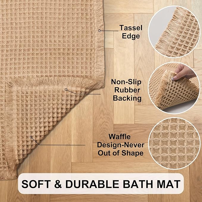 Hiasan Waffle Bath Mat, Super Absorbent Non Slip Bathroom Boho Rug with Tassels, Machine Washable Bath Mats for Bathroom, Ultra Soft Rubber Backed Rug, Brown, 16 x 24 Inches