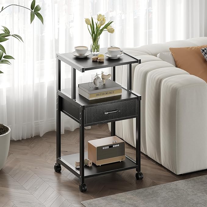 Printer Stand, 3-Tier Mobile Printer Cart, 31.5 x 14.96 x 17.72 Inches Square Printer Table with Storage Rack, Rolling Printer Table with Industrial Wheels for Home Office, Black
