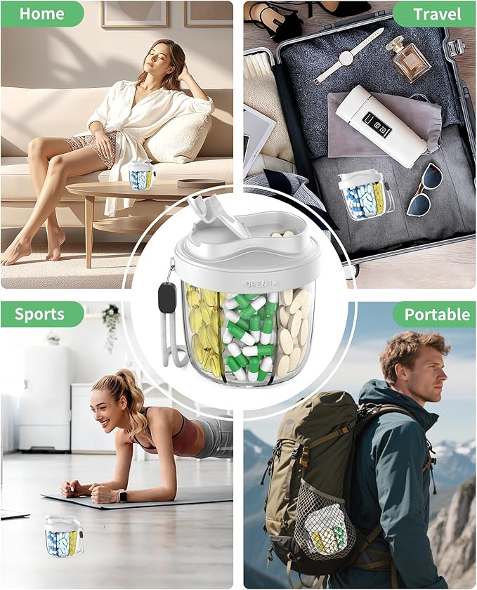 Pill Organizer,Pill Dispenser with 7 Large Compartments,Portable Pill Box for Travel, Anti-Mix Design & Wide Opening Design, Easy Access to Vitamin Dispenser, Includes 20 Blank Stickers（Grey）