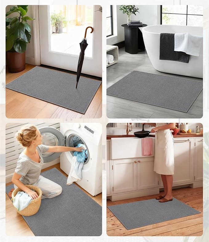 YIHOUSE Bathroom Rugs Mats Sets 3 Pieces Gray, Ultra Thin Bath Mat Absorbent Non Slip Bath Rugs for Bathroom Washable, Shower, Sink, Laundry (Gray, 3 Pieces)