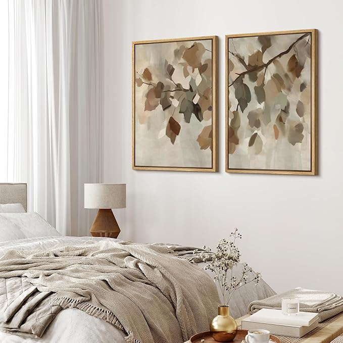 MUDECOR Framed Canvas Print Wall Art Set Abstract Leaf Branch Minimalist Nature-Inspired Beige and Brown Calm for Living Room, Bedroom, Office - 16"x24"x2