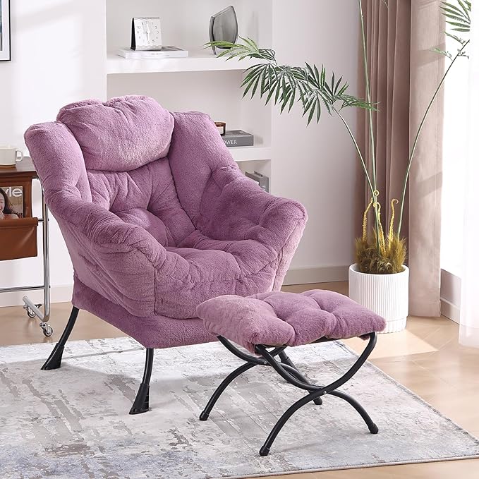 Lazy Chair with Ottoman, Modern Accent Lounge Armchair with Side Pocket & Foldable Footstool, Leisure Reading Chair for Living Room, Bedroom, Dorm & Office, Plush Purple