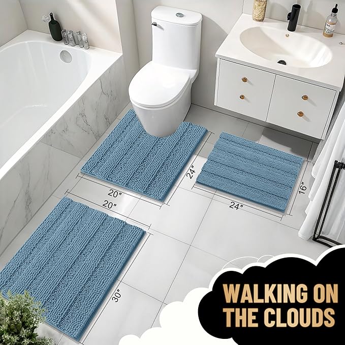 OLANLY Thick Bathroom Rugs 24x16, Extra Soft Absorbent Chenille Striped Bath Rugs, Rubber Backing, Machine Wash Dry, Bath Mats for Bathroom Floor, Tub and Shower, Home Decor Accessories, Airy Blue