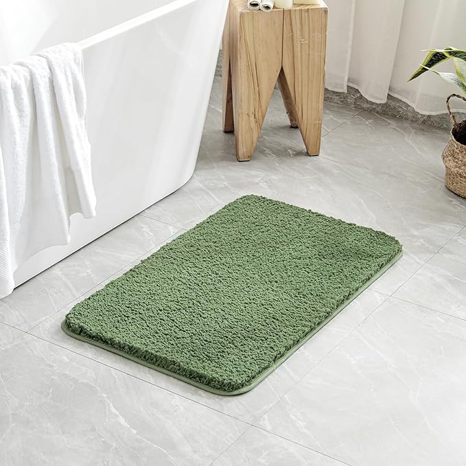 MIULEE Extra Thick Non Slip Bathroom Rug Shaggy Soft Bath Mat Plush Microfiber Absorbent Water for Shower Tub Machine Washable (Moss Green, 24x44 Inches)