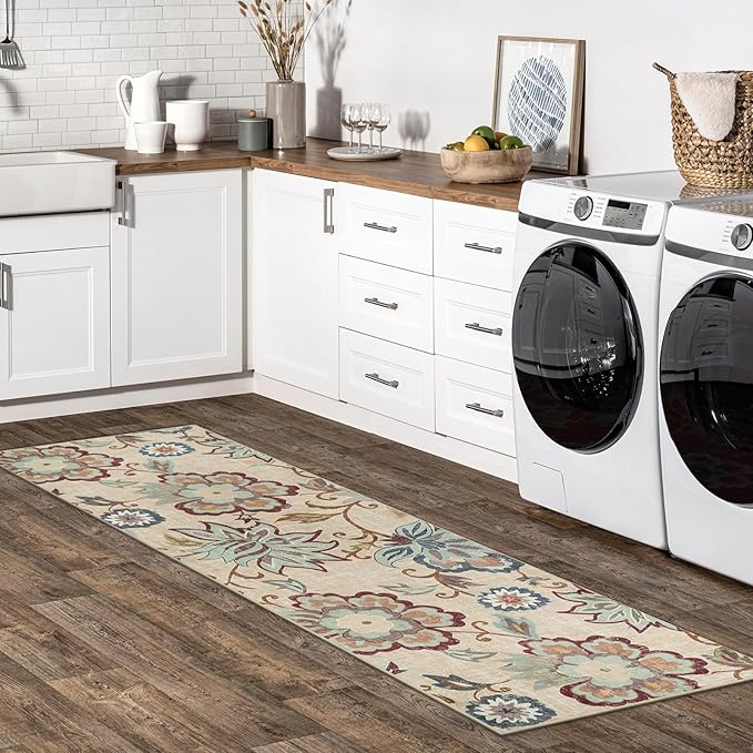 Beeiva Floral Washable Kitchen Runner Rugs, 2x6 Beige Ultra Thin Vintage Plant Bathroom Hallway Runner Rugs with Rubber Backing, Carpet Runner Rug for Hallways Laundry Rugs Laundry Room Runner
