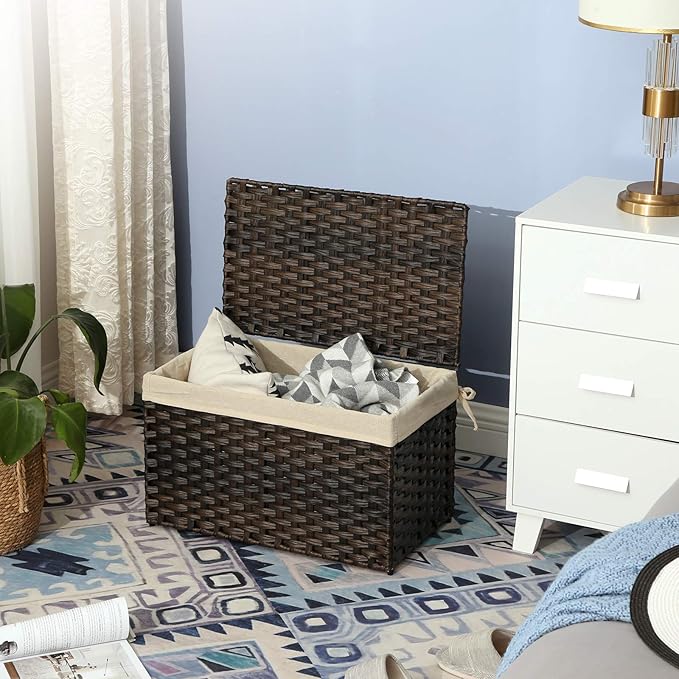 SONGMICS Storage Basket with Lid, Woven Blanket Storage Bin with Handles, Foldable, Removable Liner, Metal Frame, for Bedroom, Laundry Room, 17.2 Gallons (65 L), Brown URST56BR